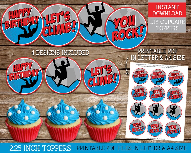 Rock Climbing Birthday Cupcake Toppers Printable Indoor Climbing Birthday Boy Party Rock Climb Party Decoration Download CL4 image 2