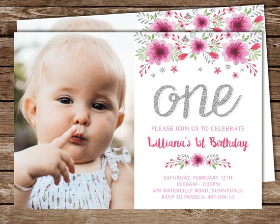 1st Birthday Invitation for Baby Girl with Photo, First Birthday Printable Invite, Printable Invitation, Floral and Silver Il_570xn