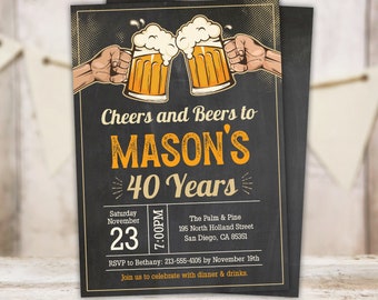 40th Birthday Invitation | Man Cheers & Beers to 40 Years Beer Birthday Party Invite | Printable Editable Template | Instant Download BV40