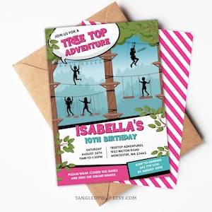 Rope Course Birthday Invitation, Editable Tree Top Adventure Party Invite, Climb Zipline Birthday Invite Template for Girls ROP1