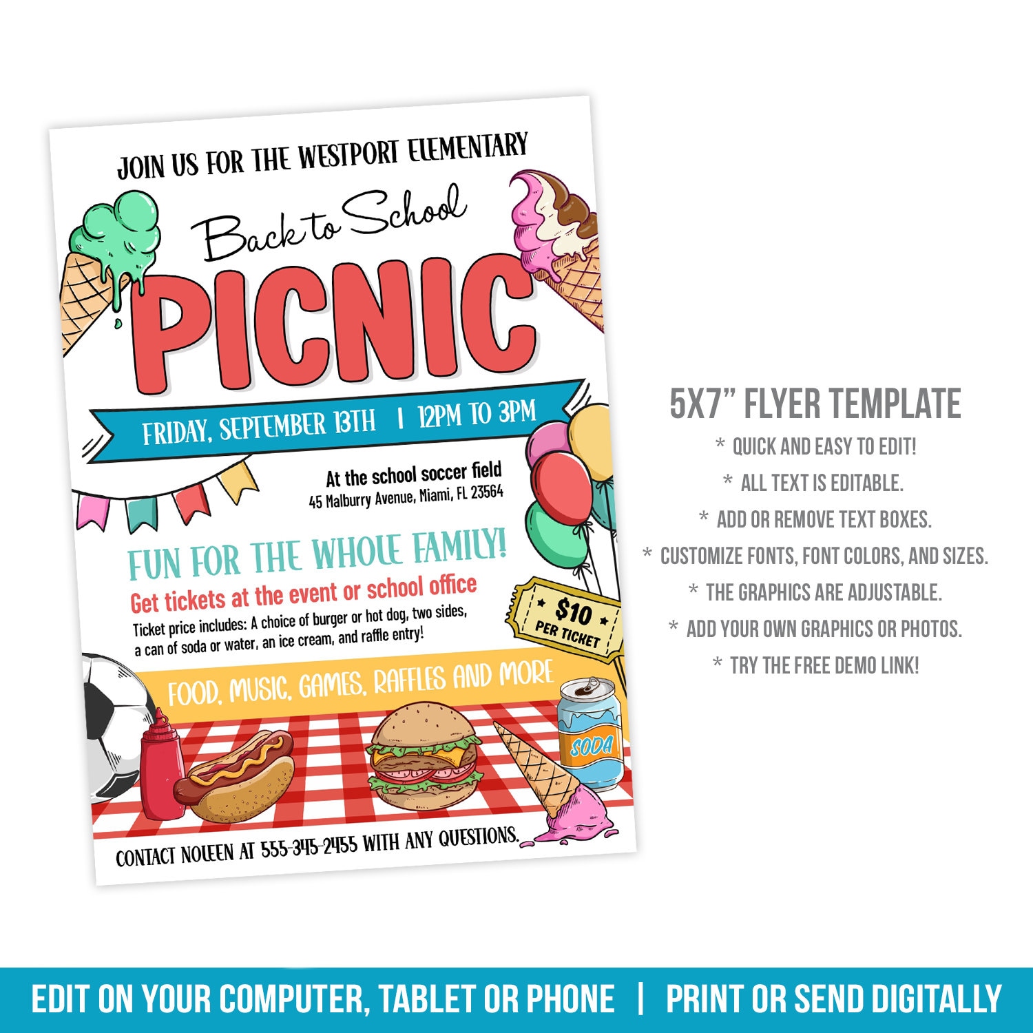 Back to School Picnic Flyer Invitation, Editable Elementary School ...