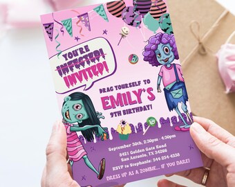 Invitación de cumpleaños de zombies / Invitación de cumpleaños de chicas zombies / Plantilla imprimible y editable / Descarga instantánea ZOM1