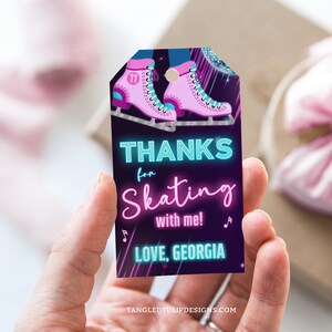 Editable Ice Skating Party Tags, Girl Ice Skate Birthday Thank You Tags, Neon Glow, Digital Tag Template, Download Corjl ICE1