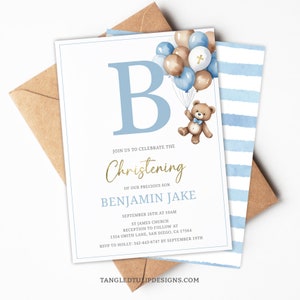 Invitación de bautizo editable, invitación de bautizo en azul bebé, osito de peluche, globos, invitación digital de bautizo con letras y nombre para un niño, Corjl