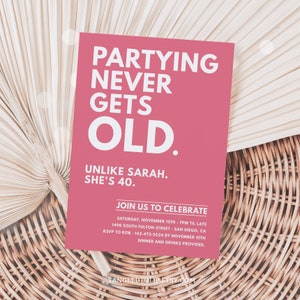 Editable Birthday Invitation Partying Never Gets Old Woman Adult Party Invite Template Any Color Digital PRINTABLE Corjl OL1