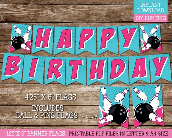 Bowling Party Happy Birthday Banner for Girls, PRINTABLE Birthday Banner for Tenpin Bowling Birthday Party Decor, DIY Banner, Download Il_570xn