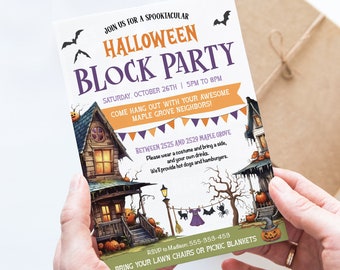 May include: Halloween block party invitation with a cartoon illustration of two spooky houses with pumpkins, bats, and a black cat. The invitation includes the date, time, and location of the party. It also states that guests should bring their own drinks and that hot dogs and hamburgers will be provided.