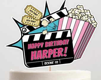 Verjaardagstaarttopper film | Aangepaste naam en leeftijd taarttopper | Afdrukbare bewerkbare sjabloon | Directe download MO2