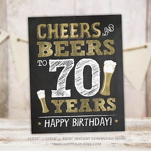 70 cumpleaños signo hombre saludos y cervezas a 70 años decoraciones de cumpleaños pizarra de oro IMPRIMIBLE Descarga instantánea BG70