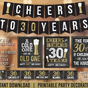 Mens 30th Birthday Decorations, Cheers to 30 Years Birthday, Cheers and Beers 30th PRINTABLE Party Decorations Pack, Instant Download BG30
