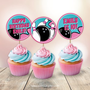 Modifiable Bowling anniversaire Cupcake Toppers fille Tenpin Cake Topper décorations téléchargement numérique imprimable BB2