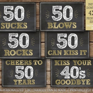 Letreros para el 50.° cumpleaños, 50 apesta, 50 es genial, 50 estalla, 50 puedes besarlo, salud por los 50 años, decoraciones para fiestas del 50.° cumpleaños Descarga BG50 MM50 IMPRIMIBLE
