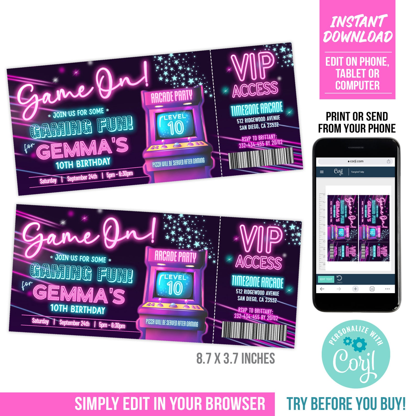 Arcade Birthday Invitation Ticket Girl Arcade Games Birthday Party arcade-birthday-invitation-ticket-girl-arcade-games-birthday-party