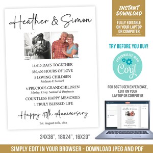 May include: A printable 40th anniversary card with a black and white photo of a couple from the past and a color photo of the couple in the present. The card features the text "Heather & Simon", "14,610 Days Together", "350,400 Hours of Love", "2 Loving Children", "4 Precious Grandchildren", "Countless Happy Memories", "1 Truly Blessed Life", "Happy 40th Anniversary", "Est. August 24th, 198x", and "24x36", "18x24", "16x20".