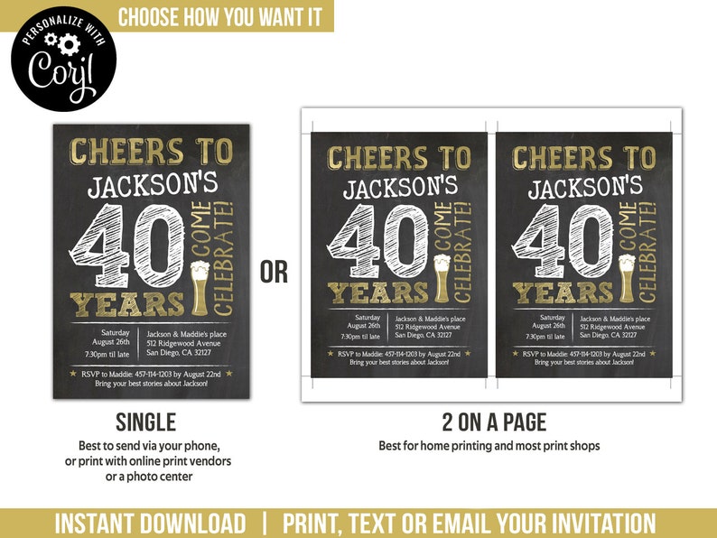 Editable 40th Birthday Invitation Man Adult Any Age Cheers to 40 Years Party Invite Gold Beer Chalkboard PRINTABLE Corjl BG40 BG50 BG60 image 4