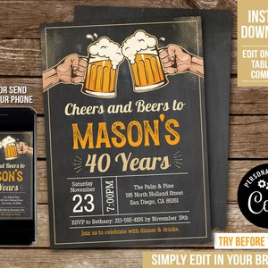 Editable Cheers and Beers to 40 Years Birthday Invitation Vintage Beer Party Invite Any Age Man Digital Download PRINTABLE Corjl BV40 image 2