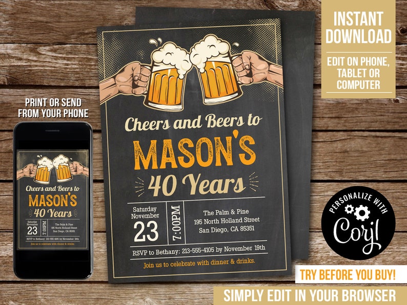 Editable Cheers and Beers to 40 Years Birthday Invitation Vintage Beer Party Invite Any Age Man Digital Download PRINTABLE Corjl BV40 image 2