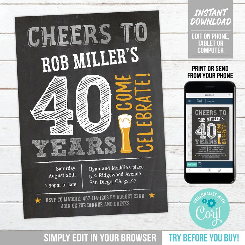 40th Birthday Invitation Man Cheers to 40 Years Birthday Invite Silver Chalkboard EDITABLE Printable Instant Download Corjl MS40 image 3