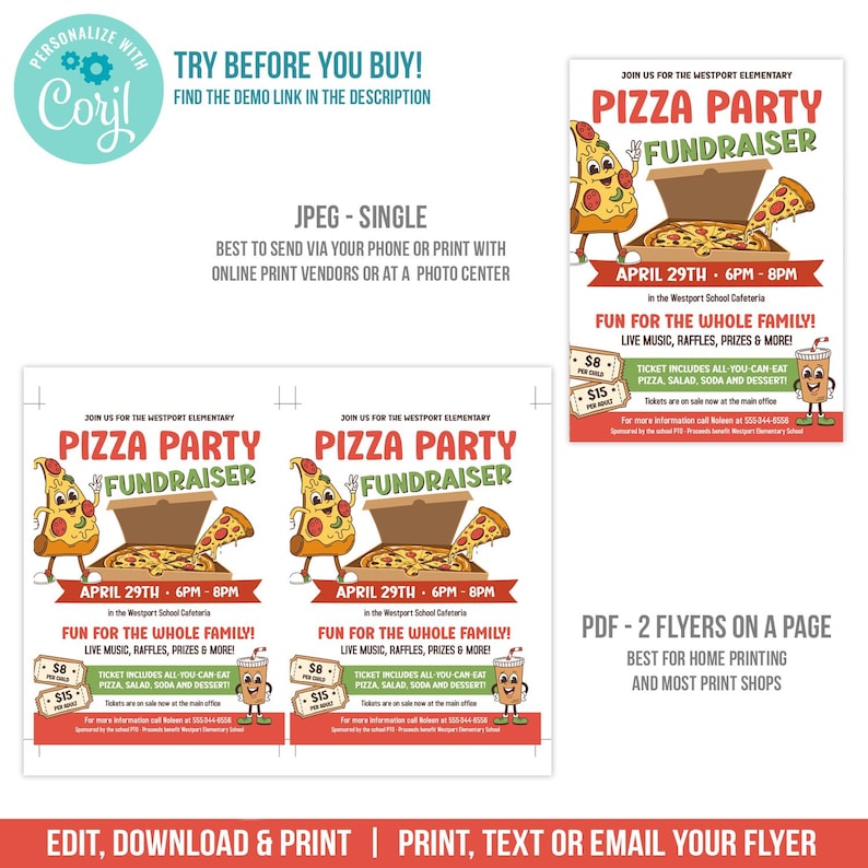 Pizza Party Raffle Editable Pizza Party Fundraiser Flyer: School PTO PTA Invite and Poster ...