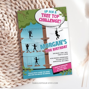 Rope Course Zipline Birthday Invitation Template, Editable Outdoor Adventure Obstacles Party Invite for Girls ROP1