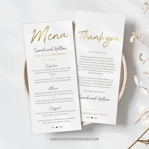 Menú de cena de aniversario, plantilla de menú editable para el 50.° aniversario, dorado, tarjeta de agradecimiento, plantilla de menú imprimible, Corjl A005