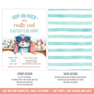 May include: An invitation to an Easter egg hunt with a cartoon bunny wearing sunglasses and a basket of colorful eggs. The invitation is for Sunday, March 31st from 10am to 12pm at The Smith House, 839 Fairview Lane, Houston, TX 78613. RSVP to Sophia at 830-428-3025. Brunch will be served after the egg hunt.