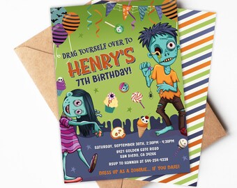 Invitación de cumpleaños de zombi / Invitación para fiesta de cumpleaños de zombi para niños / Plantilla imprimible y editable / Descarga instantánea ZOM1