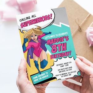Convite editável de aniversário de super-herói para uma festa de super-heróis femininos. Chamando todos os super-heróis, convite para festa digital da Comic Supergirl, Corjl SU1
