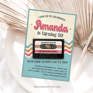 Convite de aniversário editável Mixtape Mulher Vintage Cassete Tape Party Invite 50 Greatest Hits Retro Qualquer idade Digital IMPRIMÍVEL Corjl VC2