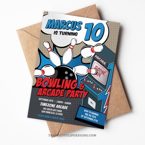 Editable Bowling and Arcade Games Birthday Invitation, Bowling & Arcade Party Invite, Boy Invitation Template, Digital Invite, Corjl BB1