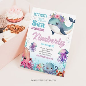 Under the Sea Birthday Invitation Whale Party Invite Glitter Watercolor Whale Octopus Jellyfish EDITABLE Digital Invitation Corjl US2