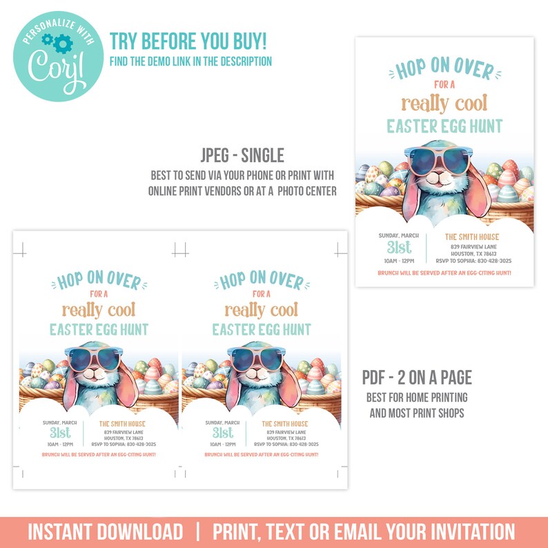 May include: Printable invitation for an Easter egg hunt with a cartoon bunny wearing sunglasses and holding a basket of colorful eggs. The invitation includes the text "Hop on over for a really cool Easter egg hunt" and details for the event, including the date, time, and location.