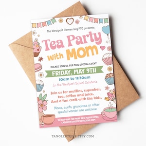 Teeparty mit Mama Einladung Flyer Vorlage, bearbeitbare Schule Muttertagsfeier einladen, Schule PTO PTA Ereignis für Mama DDD1