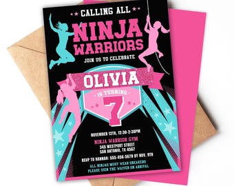 May include: A party invitation with a black background and pink and teal accents. The invitation reads "Calling All Ninja Warriors" and includes the name "Olivia" and the number "7". The invitation is on a pink envelope.