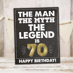 The Man The Myth The Legend 70th Birthday Sign Gold Chalkboard Party Decorations Instant Download PRINTABLE BG70 WG70