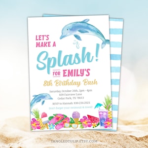 Faire une invitation d'anniversaire modifiable, invitation de fête des dauphins pour les filles natation d'été tropical téléchargement numérique imprimable DO1