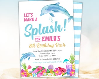 Editable Make a Splash Birthday Invitation Dolphin Party Invite for Girls Summer Swimming Tropical Digital Download PRINTABLE DO1