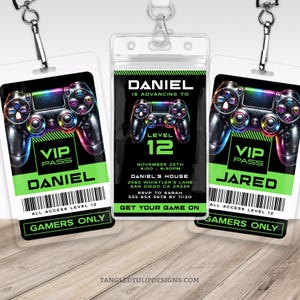 Distintivo di invito per festa di gioco, distintivo e invito VIP per compleanno di gioco, etichetta con cordino, camion di gioco, invito digitale per giocatore modificabile, GA1