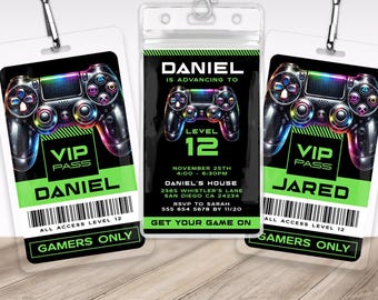 May include: A green and black VIP pass with a neon green and black PlayStation controller graphic. The pass says "VIP Pass" and "Daniel" in white text. The text "All Access Level 12" and "Gamers Only" are also on the pass.
