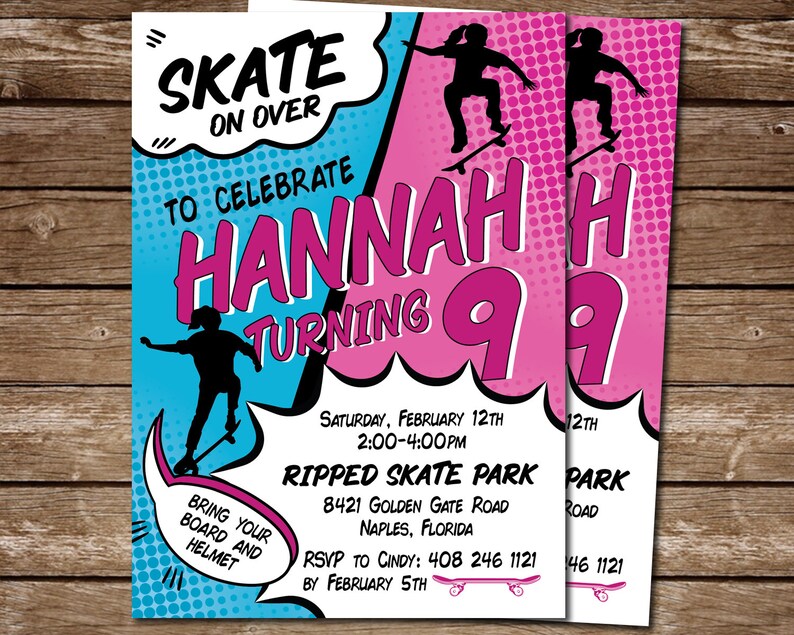 Skateboarding Birthday Invite for Girls Skater Girl Party Etsy