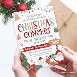 Può includere: Un volantino del concerto di Natale con illustrazioni e testo festosi. Il volantino include le parole "Christmas Concert" in grandi lettere colorate, insieme ai dettagli dell'evento come la data, l'ora e il luogo. Il volantino presenta anche immagini di Babbo Natale, un pupazzo di neve e una renna.