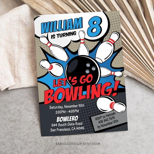 Bowling Birthday Invitation for Boy EDITABLE Let's Go Bowling Instant Download Bowling Party Invite, Printable, Edit in Corjl BB1