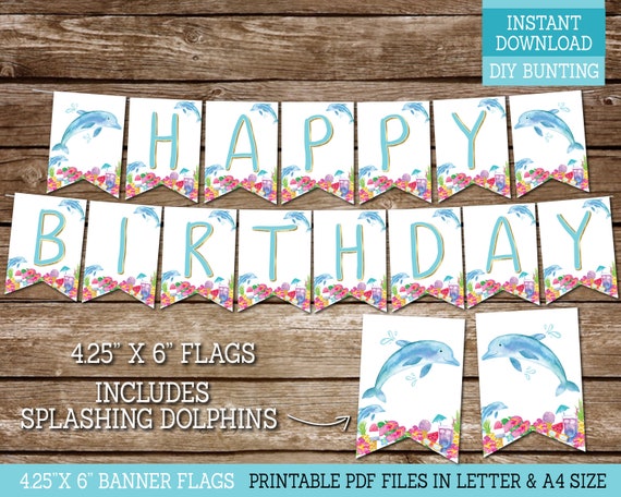 Dolphins Happy Birthday Banner for Girls, PRINTABLE Banner for Dolphins Tropical Theme Birthday Party Decor, Pool Party DIY Banner, Download Il_570xn
