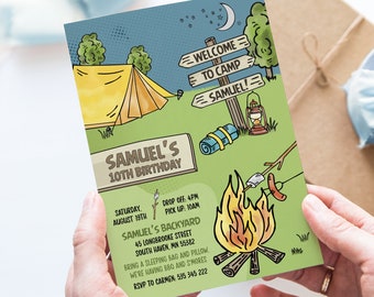 Invitación de cumpleaños con temática de acampada / Invitación para fiesta de cumpleaños con fogata y acampada para niño / Plantilla imprimible y editable CAM1