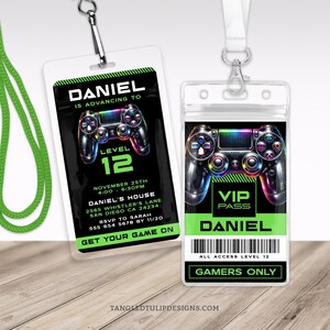 Gaming Party Invitation with VIP  Name Badge. Gamer Birthday Badge Invitation Template for boys. Editable Template in neon lime green and black to fit standard size lanyard.