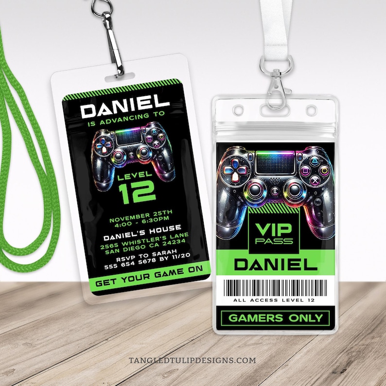 Gaming Party Invitation with VIP  Name Badge. Gamer Birthday Badge Invitation Template for boys. Editable Template in neon lime green and black to fit standard size lanyard.
