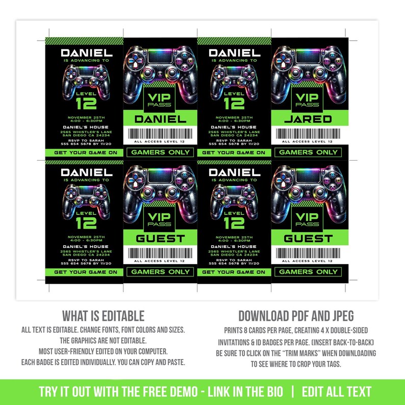May include: Four green and black gamer-themed invitation cards with a black and rainbow video game controller graphic. The text on the cards reads "Daniel is advancing to level 12" and "VIP Pass".