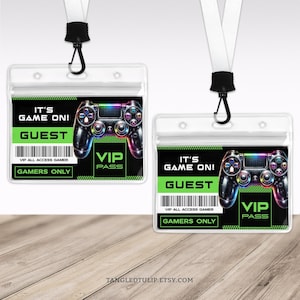 Bewerkbare sjabloon gamer party ID-badge, gaming verjaardag ID-badge, gamer naamplaatje, gametruck VIP-pastag, lanyard, horizontaal, Corjl GA1