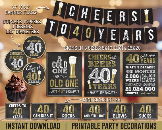 40th Birthday Party Decorations, Cheers to 40 Years Birthday Decorations, Cheers to 40 Years PRINTABLE Party Decor, Instant Download Il_570xn