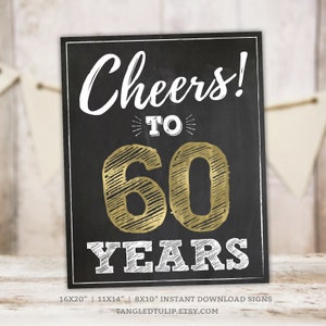 Letrero &quot;Saludos por los 60 años&quot;: Decoración de cumpleaños con pizarra dorada (descarga instantánea) BG60